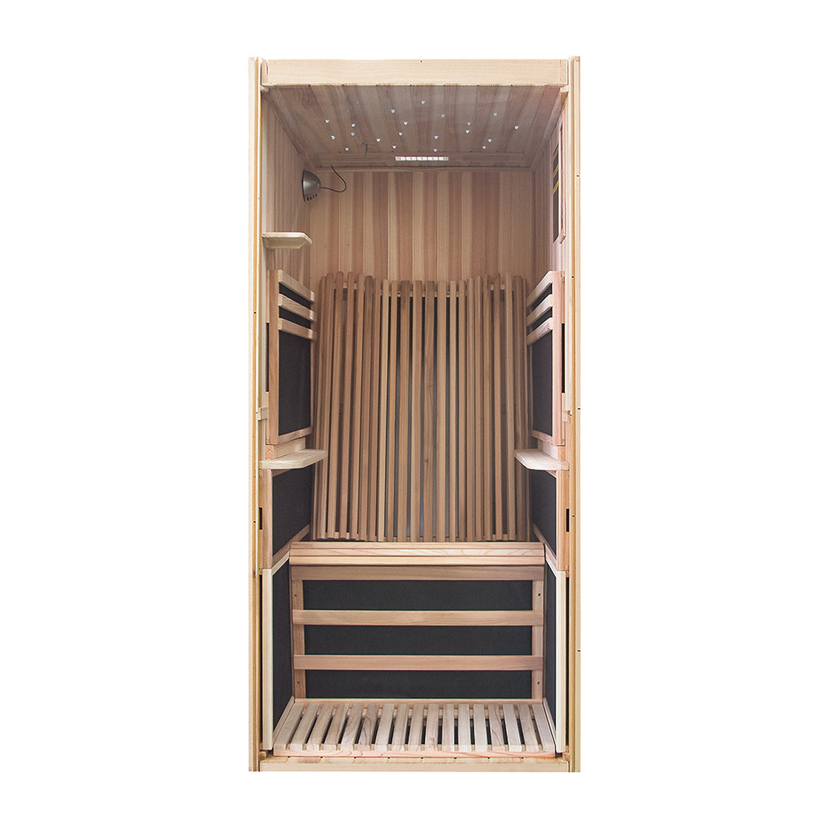 Wooden sauna with black interior on a white background