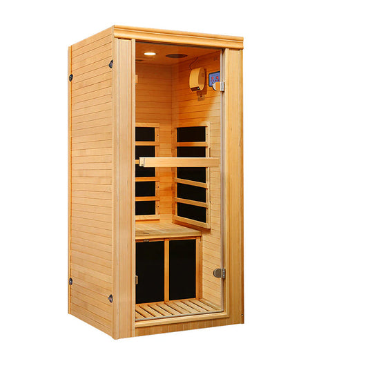 Outexer® HY1 1-Person Infrared Sauna – 980W Low-EMF Indoor Dry Sauna Room with Oxygen Bar & Canadian Hemlock Build