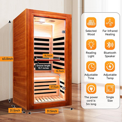 Outexer HM1 Infrared Sauna for Home Indoor Sauna Wooden Dry Sauna Room Low EMF 1080W for 1 Person with Control Panel, Bluetooth Speaker, Reading Lamp