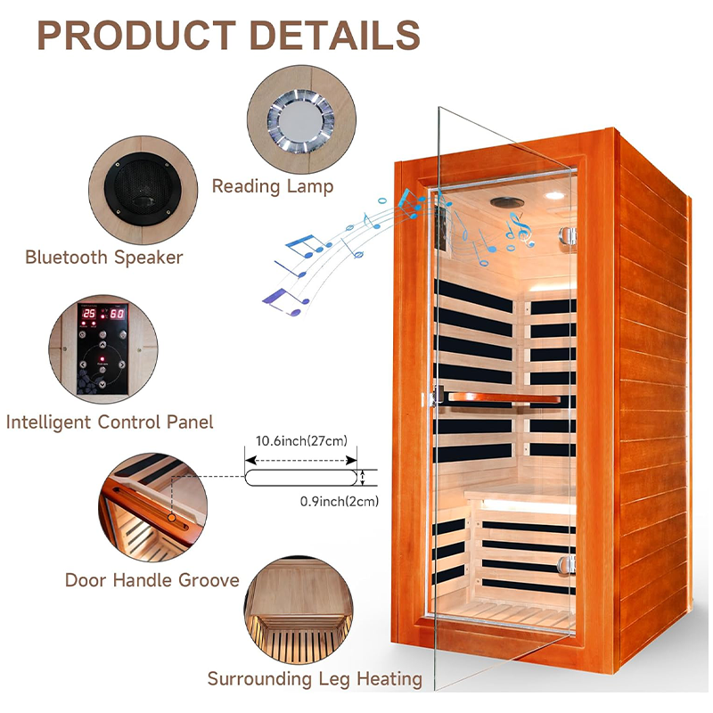 Outexer HM1 Infrared Sauna for Home Indoor Sauna Wooden Dry Sauna Room Low EMF 1080W for 1 Person with Control Panel, Bluetooth Speaker, Reading Lamp