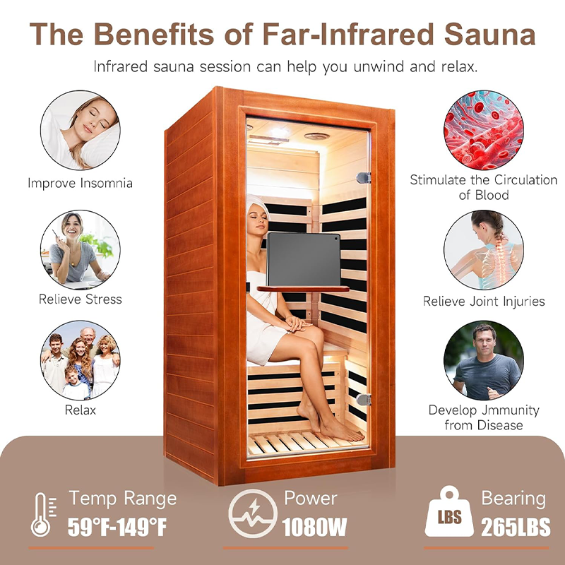 Outexer HM1 Infrared Sauna for Home Indoor Sauna Wooden Dry Sauna Room Low EMF 1080W for 1 Person with Control Panel, Bluetooth Speaker, Reading Lamp