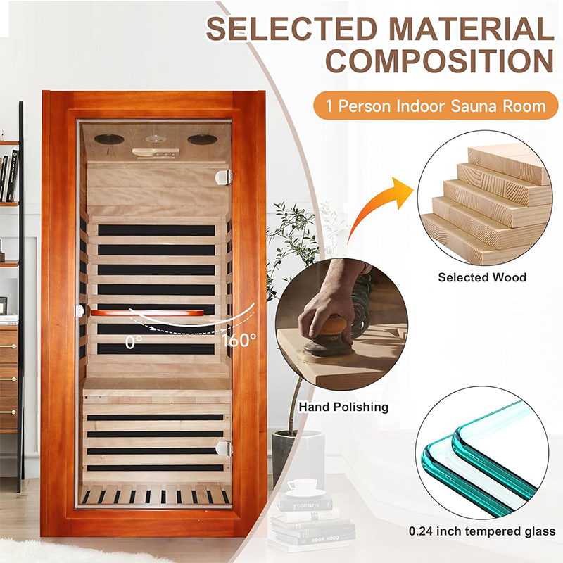 Outexer HM1 Infrared Sauna for Home Indoor Sauna Wooden Dry Sauna Room Low EMF 1080W for 1 Person with Control Panel, Bluetooth Speaker, Reading Lamp