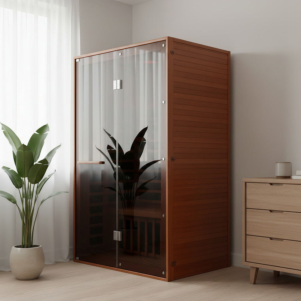 A two-person sauna was placed in the corner of the room.