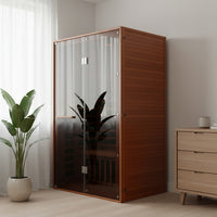 A two-person sauna was placed in the corner of the room.