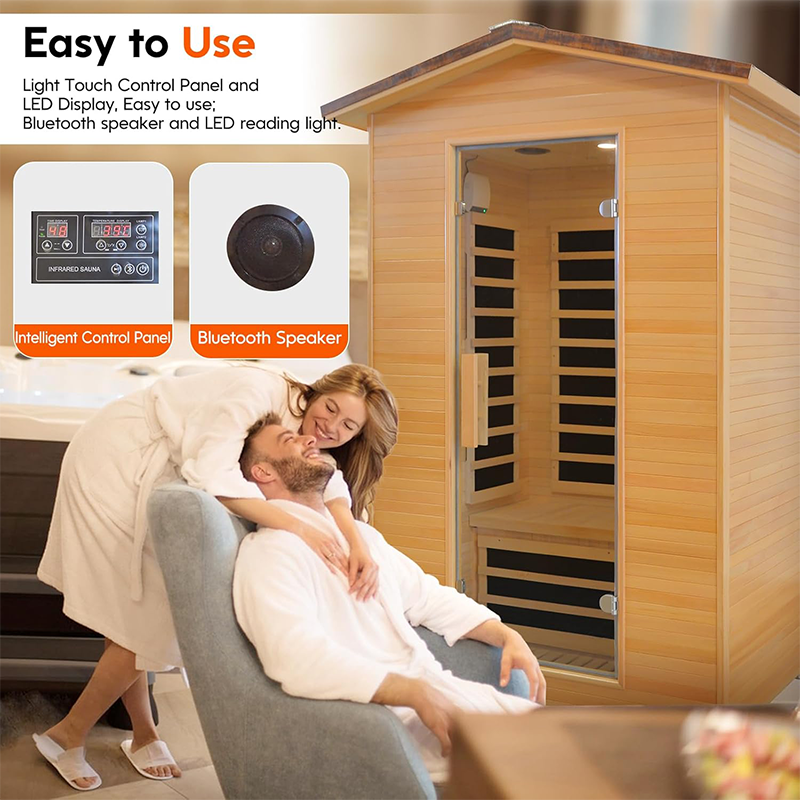 Outexer HY2 Outdoor Sauna Far Infrared Saunas Dry Sauna Room Canadian Hemlock Wood Wooden Sauna Spa 1950W Low-EMF with Cup Holder and Towel Rack for Two Person 47 * 39 * 82inch