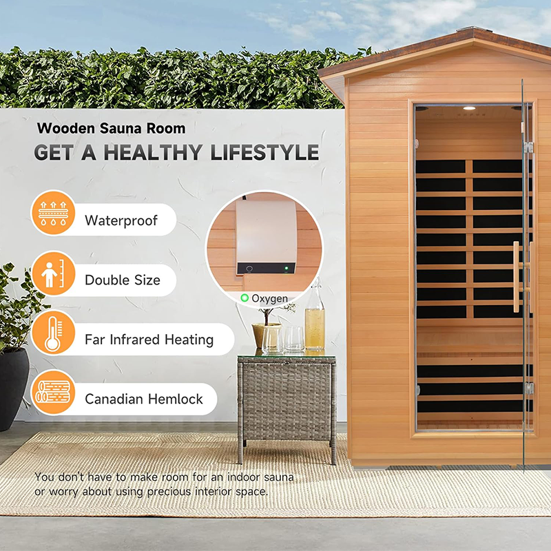 Outexer HY2 Outdoor Sauna Far Infrared Saunas Dry Sauna Room Canadian Hemlock Wood Wooden Sauna Spa 1950W Low-EMF with Cup Holder and Towel Rack for Two Person 47 * 39 * 82inch