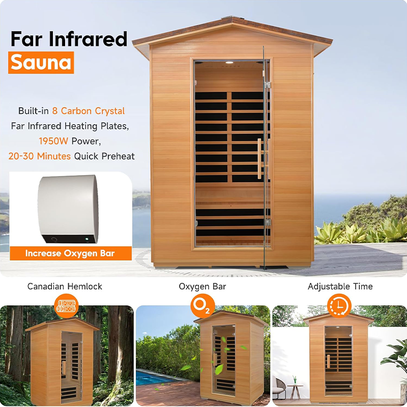 Outexer HY2 Outdoor Sauna Far Infrared Saunas Dry Sauna Room Canadian Hemlock Wood Wooden Sauna Spa 1950W Low-EMF with Cup Holder and Towel Rack for Two Person 47 * 39 * 82inch