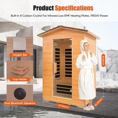 Outexer HY2 Outdoor Sauna Far Infrared Saunas Dry Sauna Room Canadian Hemlock Wood Wooden Sauna Spa 1950W Low-EMF with Cup Holder and Towel Rack for Two Person 47 * 39 * 82inch