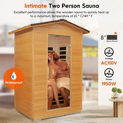 Outexer HY2 Outdoor Sauna Far Infrared Saunas Dry Sauna Room Canadian Hemlock Wood Wooden Sauna Spa 1950W Low-EMF with Cup Holder and Towel Rack for Two Person 47 * 39 * 82inch