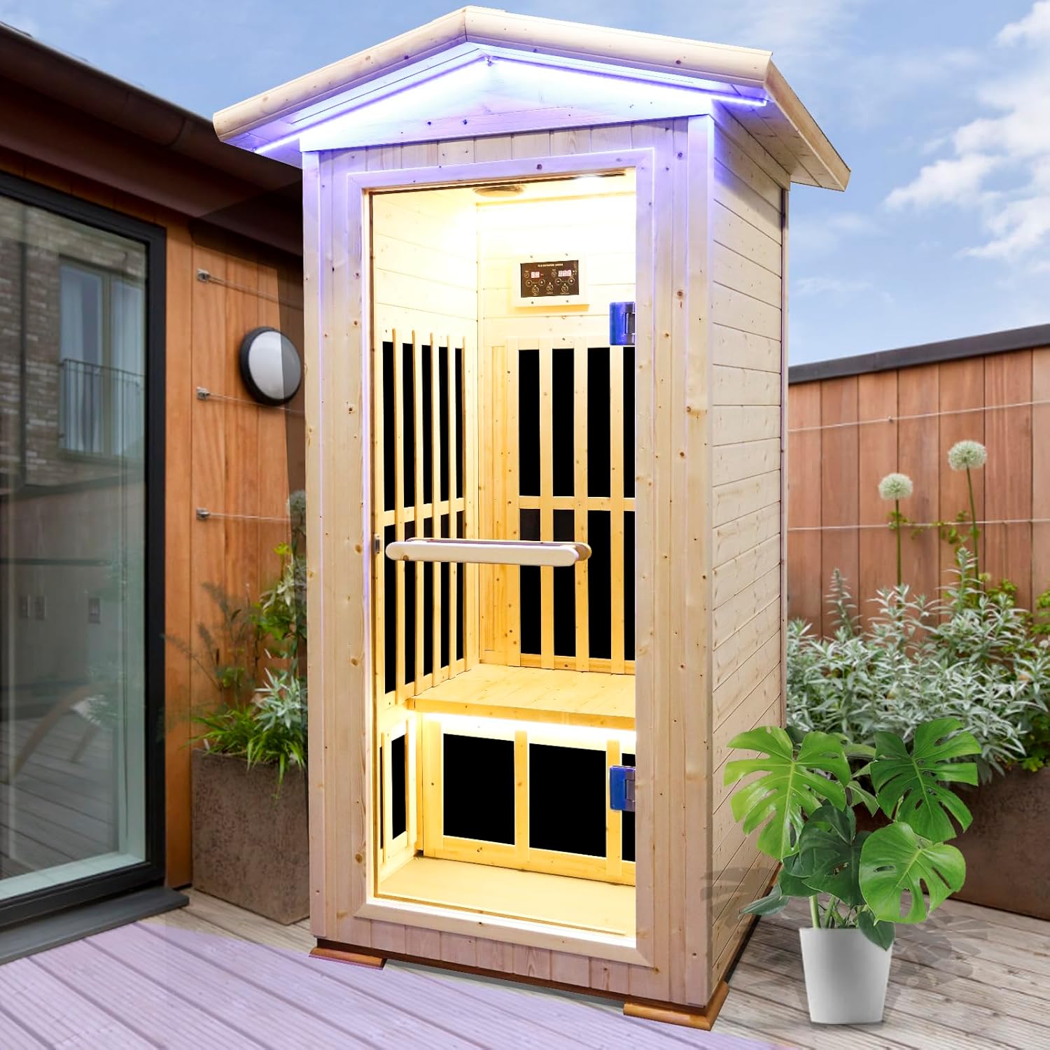 Outexer T-59C2 Outdoor Sauna Wooden Far Infrared Saunas Spa 1300W Low-EMF Dry Sauna Room for One Person Finland Spruce Wood