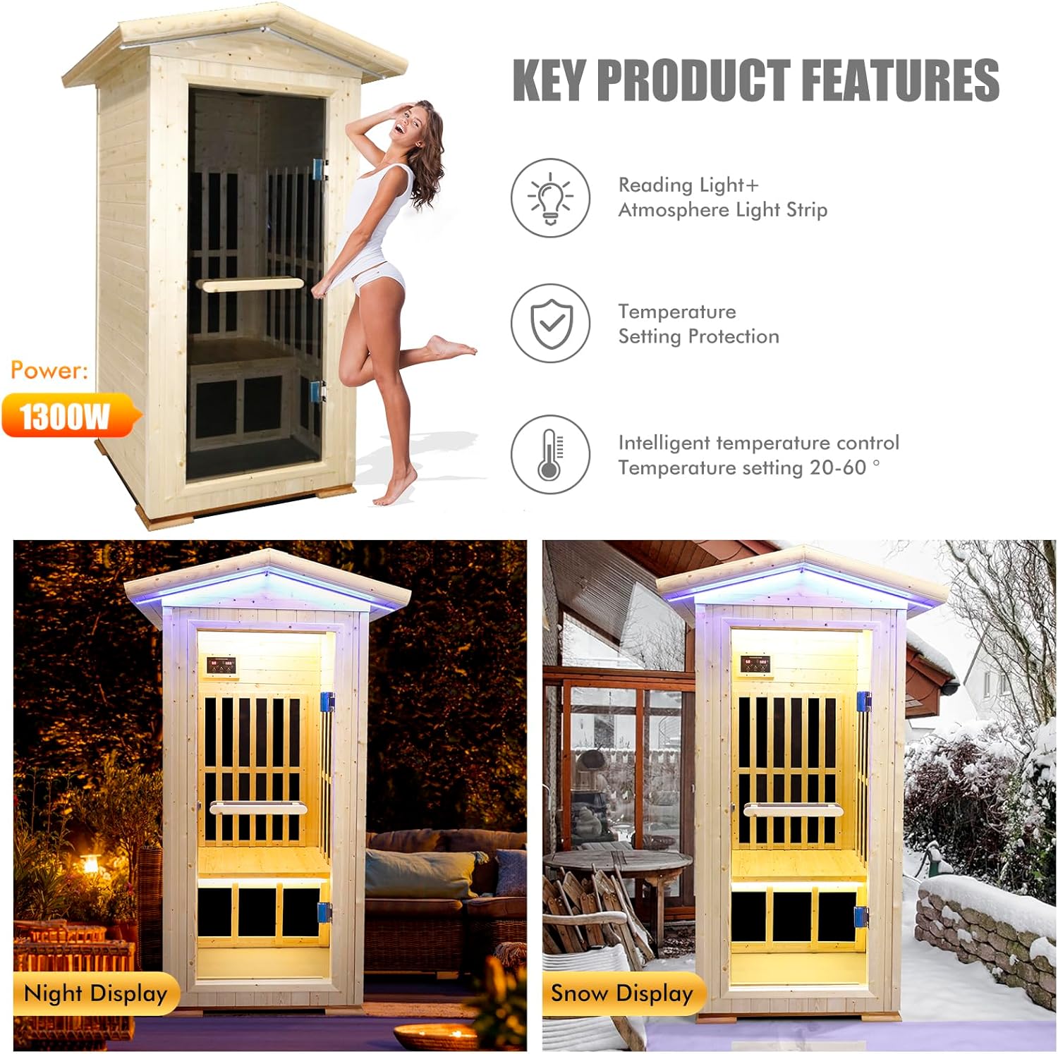 Outexer T-59C2 Outdoor Sauna Wooden Far Infrared Saunas Spa 1300W Low-EMF Dry Sauna Room for One Person Finland Spruce Wood