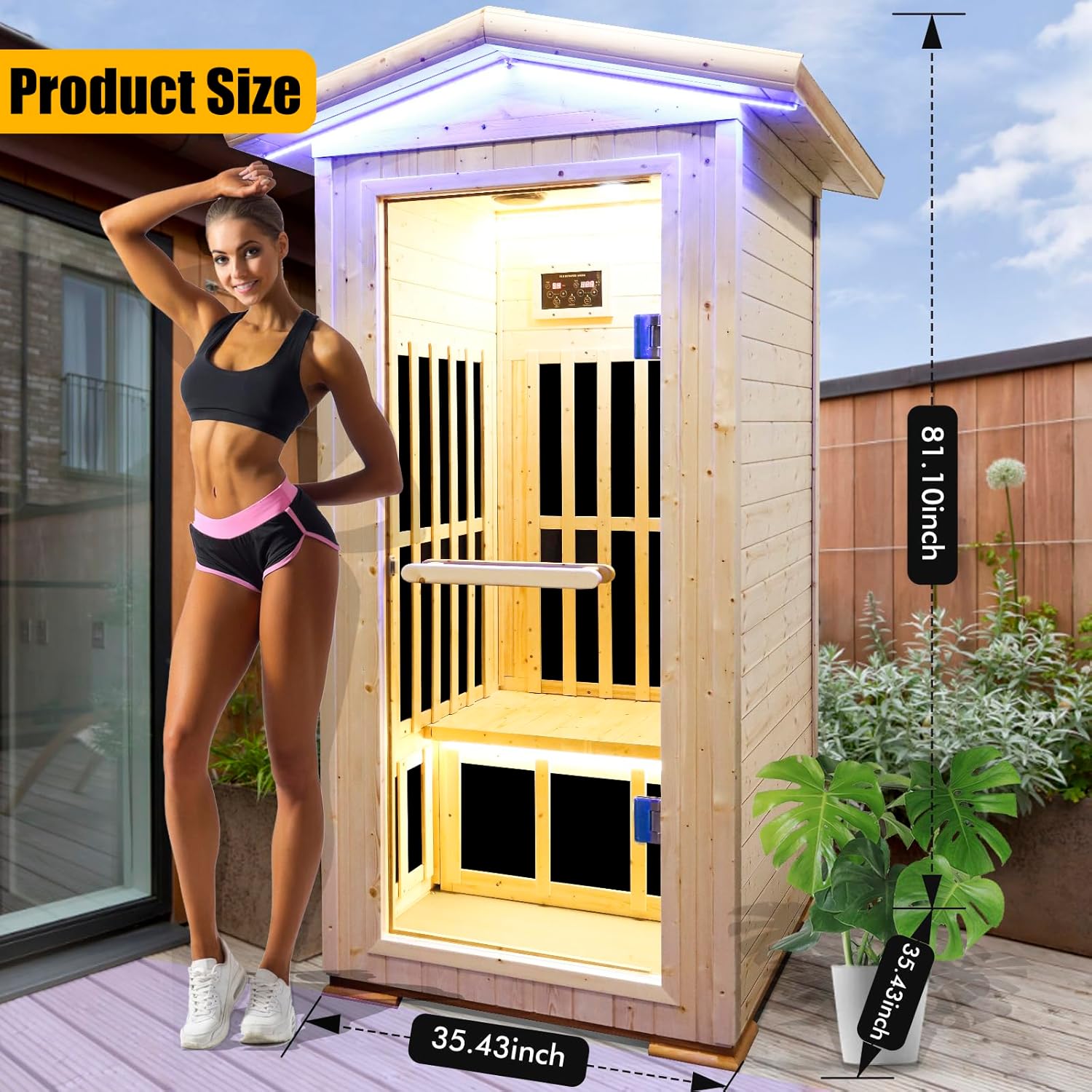 Outexer T-59C2 Outdoor Sauna Wooden Far Infrared Saunas Spa 1300W Low-EMF Dry Sauna Room for One Person Finland Spruce Wood