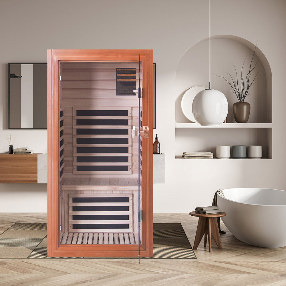Infrared sauna in a modern bathroom setting with a bathtub and shelves.