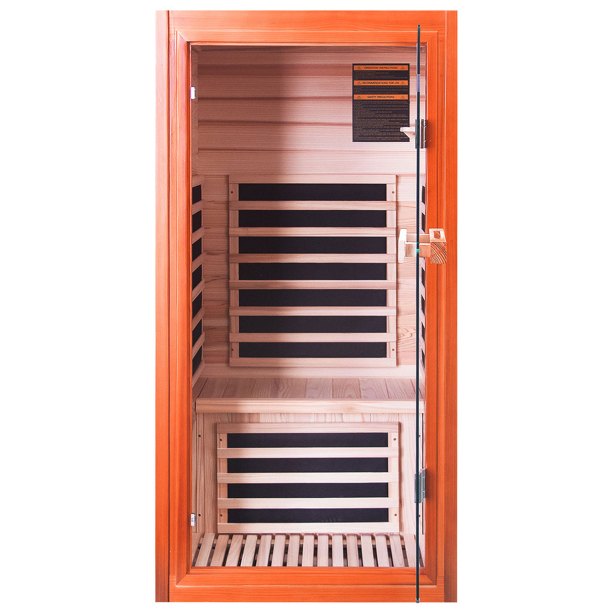 Wooden sauna with glass door on a white background