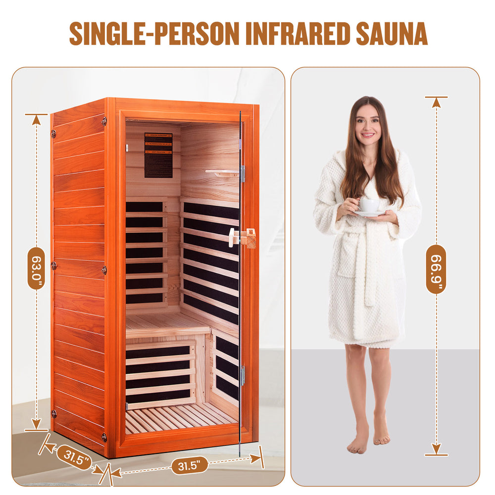 Single-person infrared sauna with dimensions and a person wearing a robe for scale.