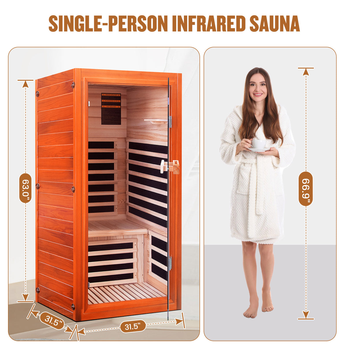 Single-person infrared sauna with dimensions and a person wearing a robe for scale.