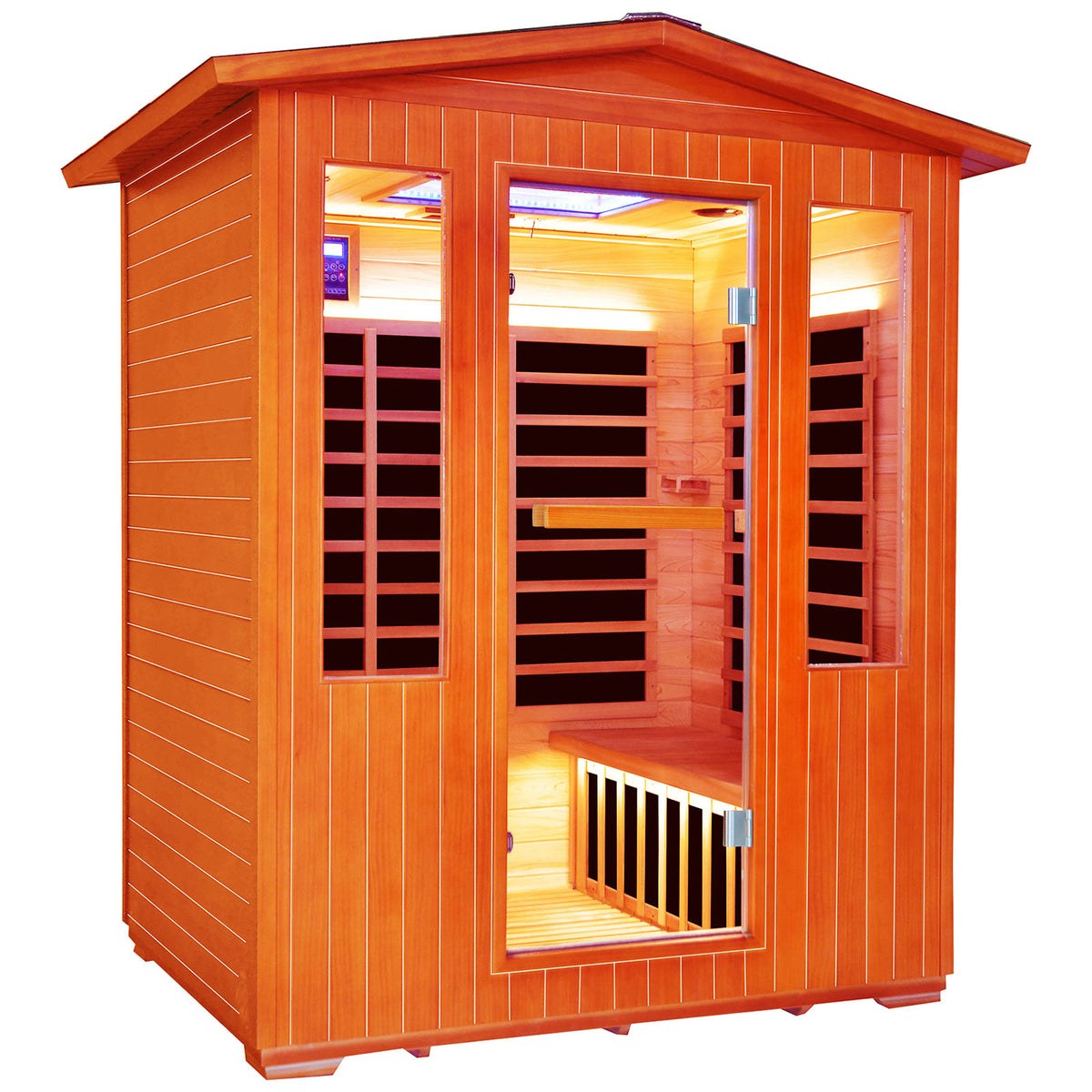 Outdoor 4 person sauna with glass doors on a white background