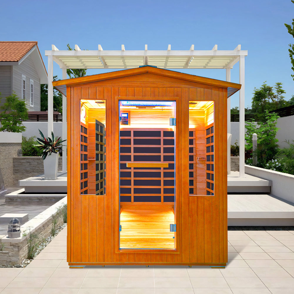 outexer sauna HY7 with interior lights on a patio area