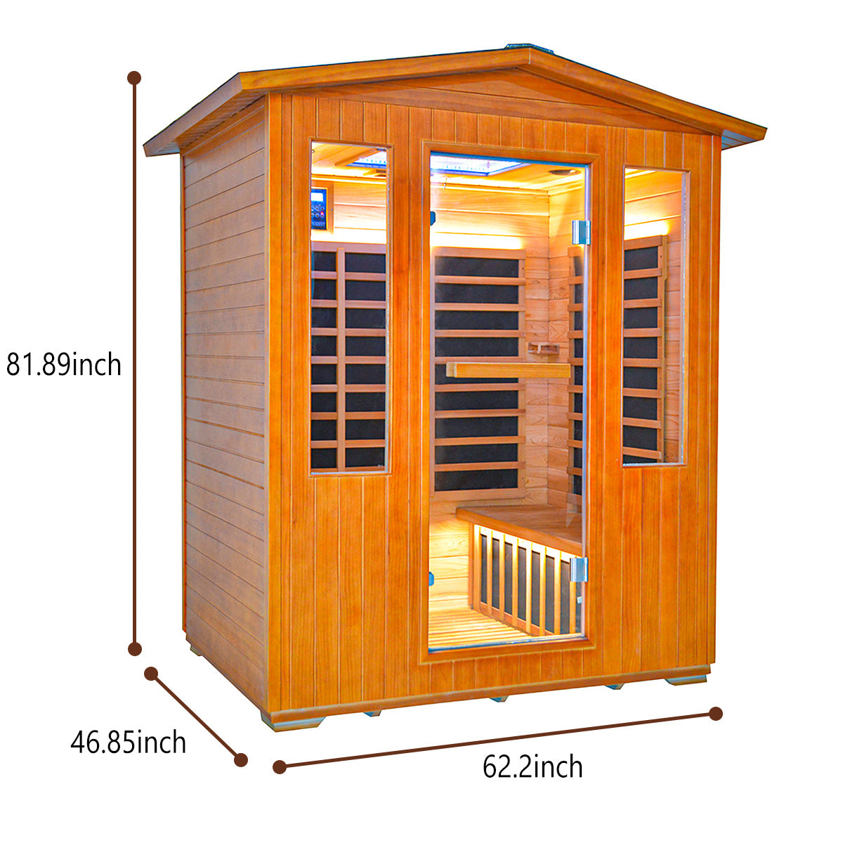 Outexer sauna HY7 with dimensions indicated on a white background