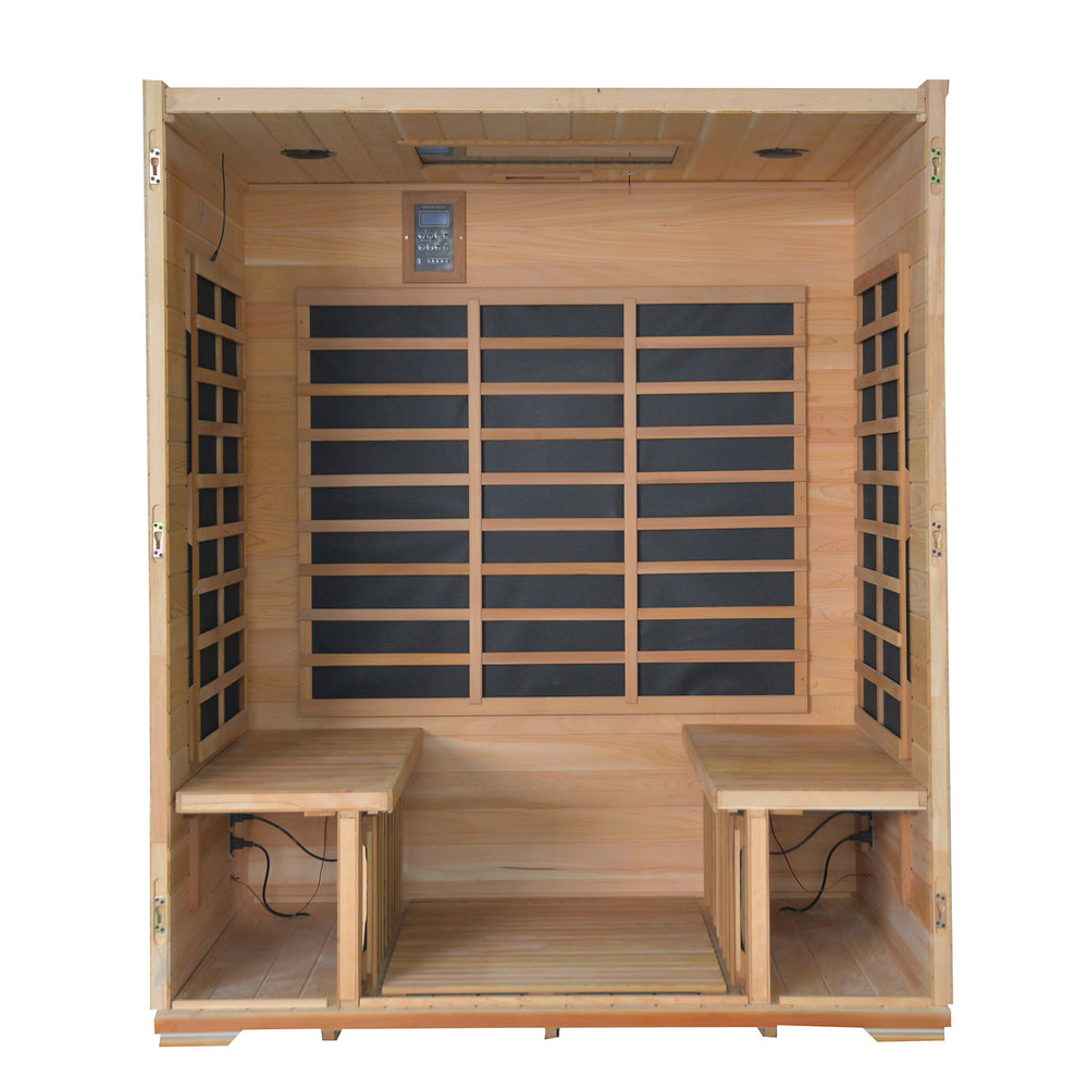 Wooden infrared sauna with benches and black panels on a white background