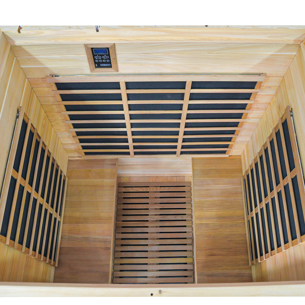 Outexer HY7 sauna interior with slatted doors and ceiling