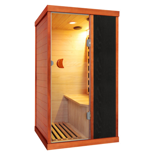 Wooden sauna with interior lighting on a white background - Outexer T-50C5