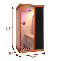 Outexer T-50C5 wooden sauna with dimensions indicated on a white background