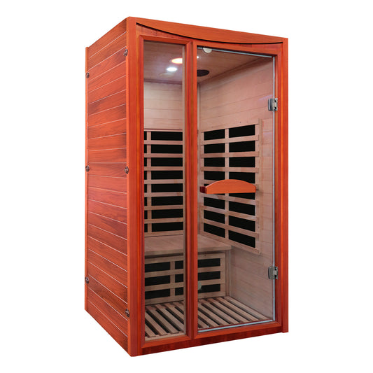 Wooden Outexer sauna with glass door on a white background