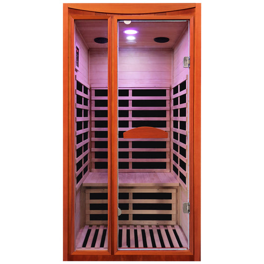 Outexer Infrared sauna with wooden interior and open door on a white background
