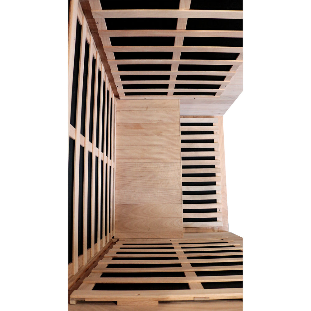 T-51C5 Wooden sauna with black interior panels on a white background