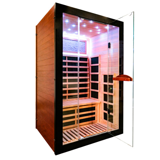 Outexer Infrared sauna with wooden interior and glass door on a white background