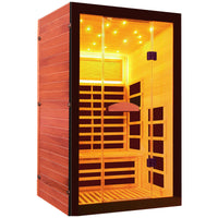 2 Person Infrared sauna with wooden interior and glowing lights on a white background