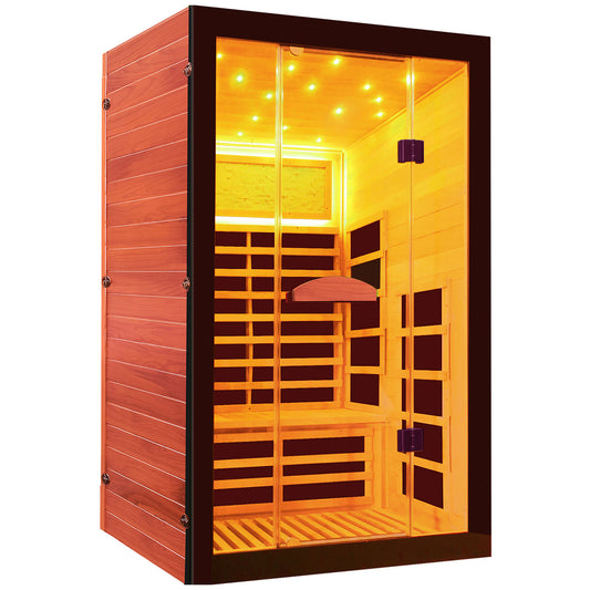 2 Person Infrared sauna with wooden interior and glowing lights on a white background