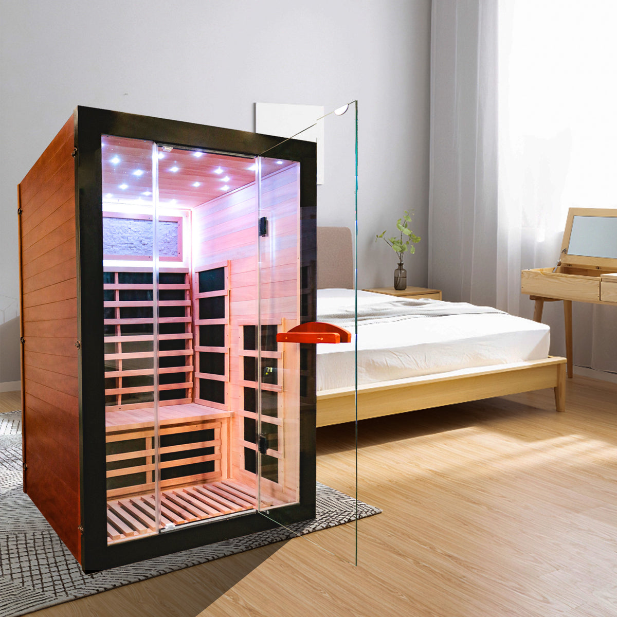 Outexer Infrared sauna in a bedroom setting with wooden floor and bed.