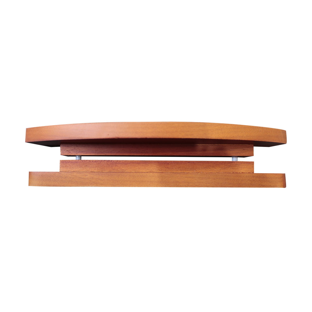 Wooden shelf with a curved design on a white background