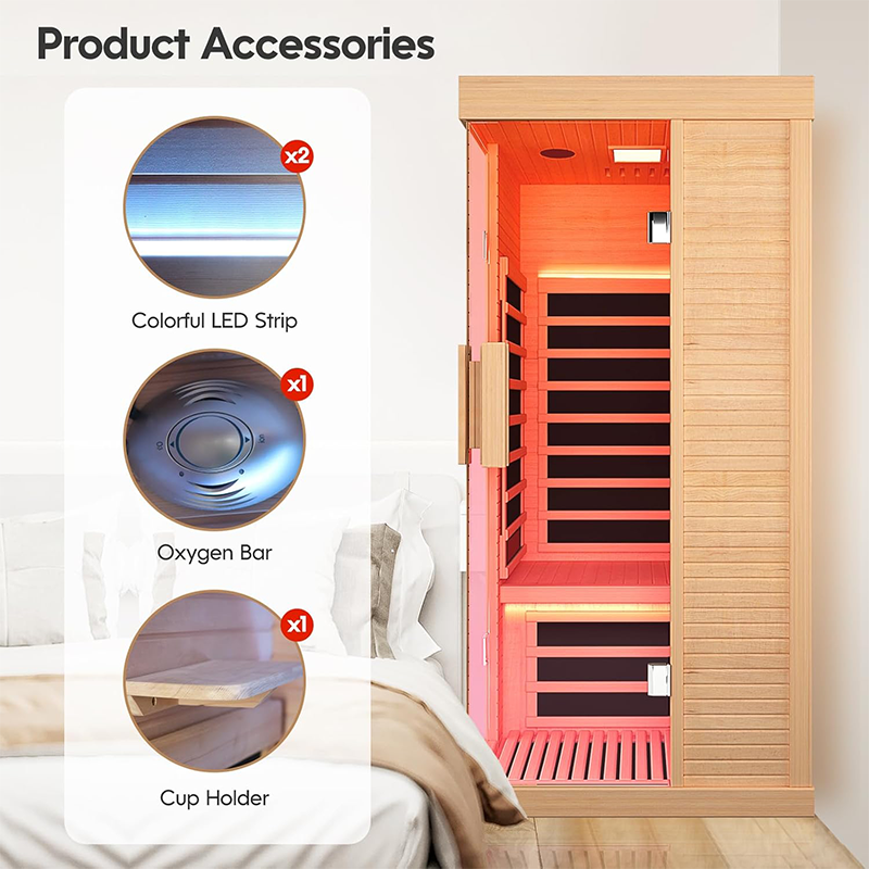 Outexer HK1 Sauna Room Indoor Far Infrared Saunas Home Canadian Hemlock 1420W Low-EMF Dry Saunas Single Person Spa with Oxygen Bar 7 Color Therapy 33.5 * 33.5 * 70.8 inch