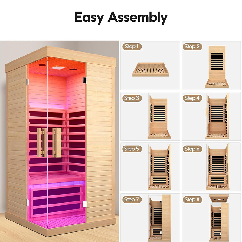 Outexer HK1 Sauna Room Indoor Far Infrared Saunas Home Canadian Hemlock 1420W Low-EMF Dry Saunas Single Person Spa with Oxygen Bar 7 Color Therapy 33.5 * 33.5 * 70.8 inch