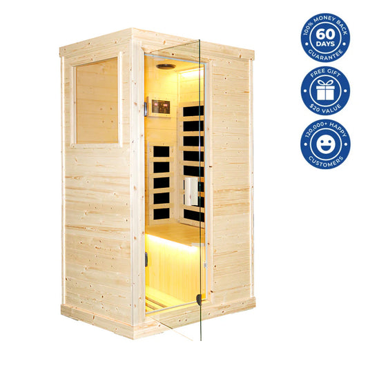Outexer® T-50C2 Infrared Sauna – 1-Person Finland Spruce Home Sauna Room with 900W Low-EMF Heat, Tempered Glass & Compact Fit for Tall Users