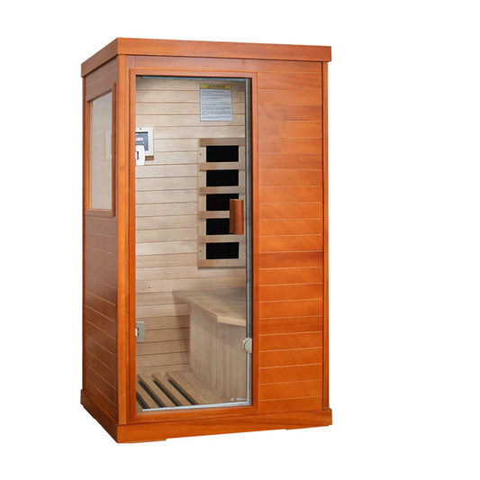 Outexer® T-50C3 Indoor Infrared Sauna – 1-Person Compact 800W Low-EMF Dry Sauna Room with Tempered Glass & Okoume Wood