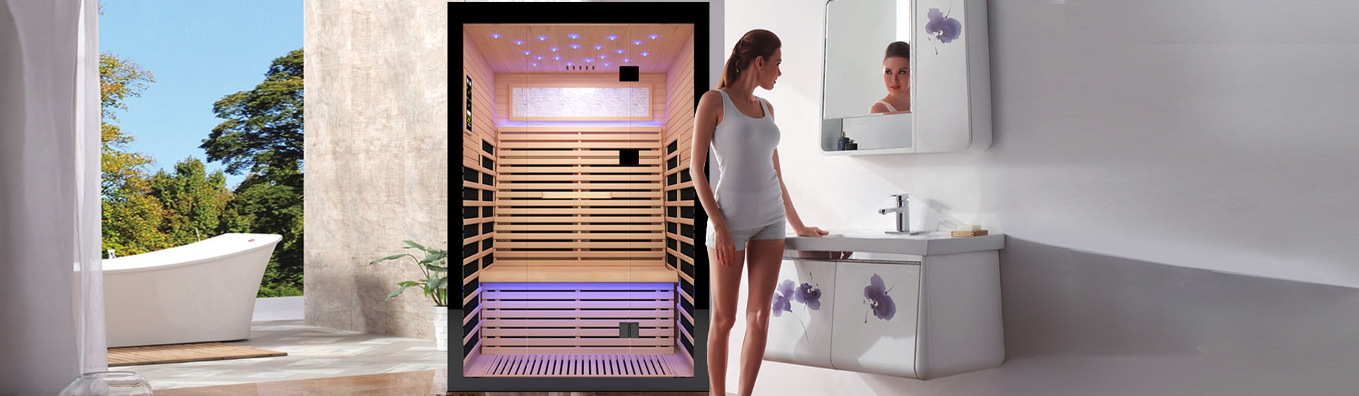 Woman standing in a modern bathroom with an infrared sauna