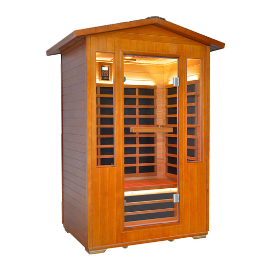 Wooden sauna with glass door on a white background