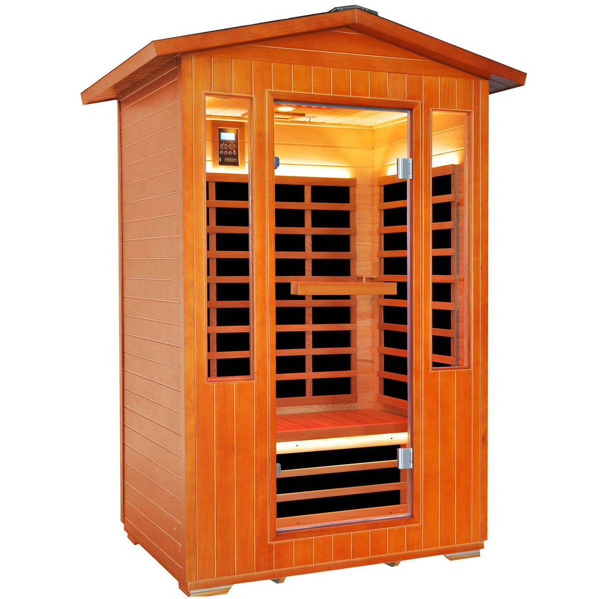 Outdoor 2 person sauna with glass door on a white background