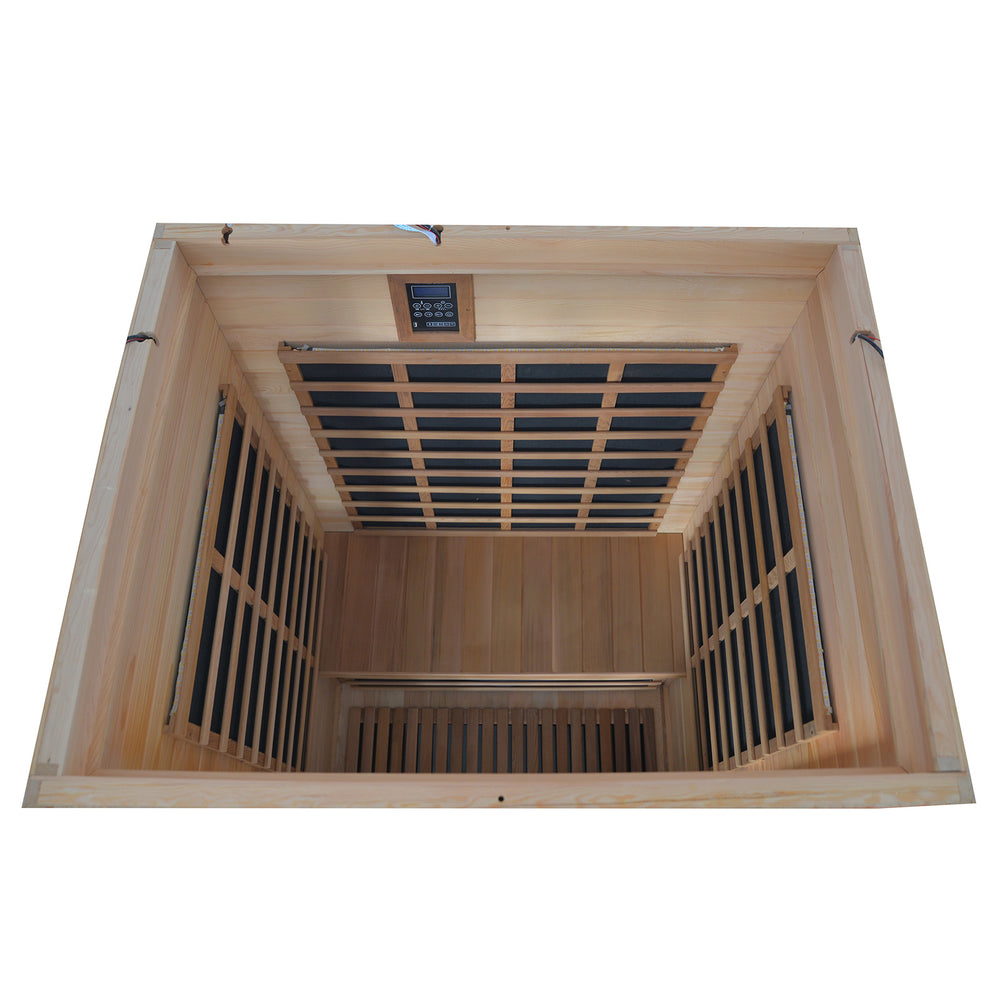 Wooden sauna interior with grid design on a white background