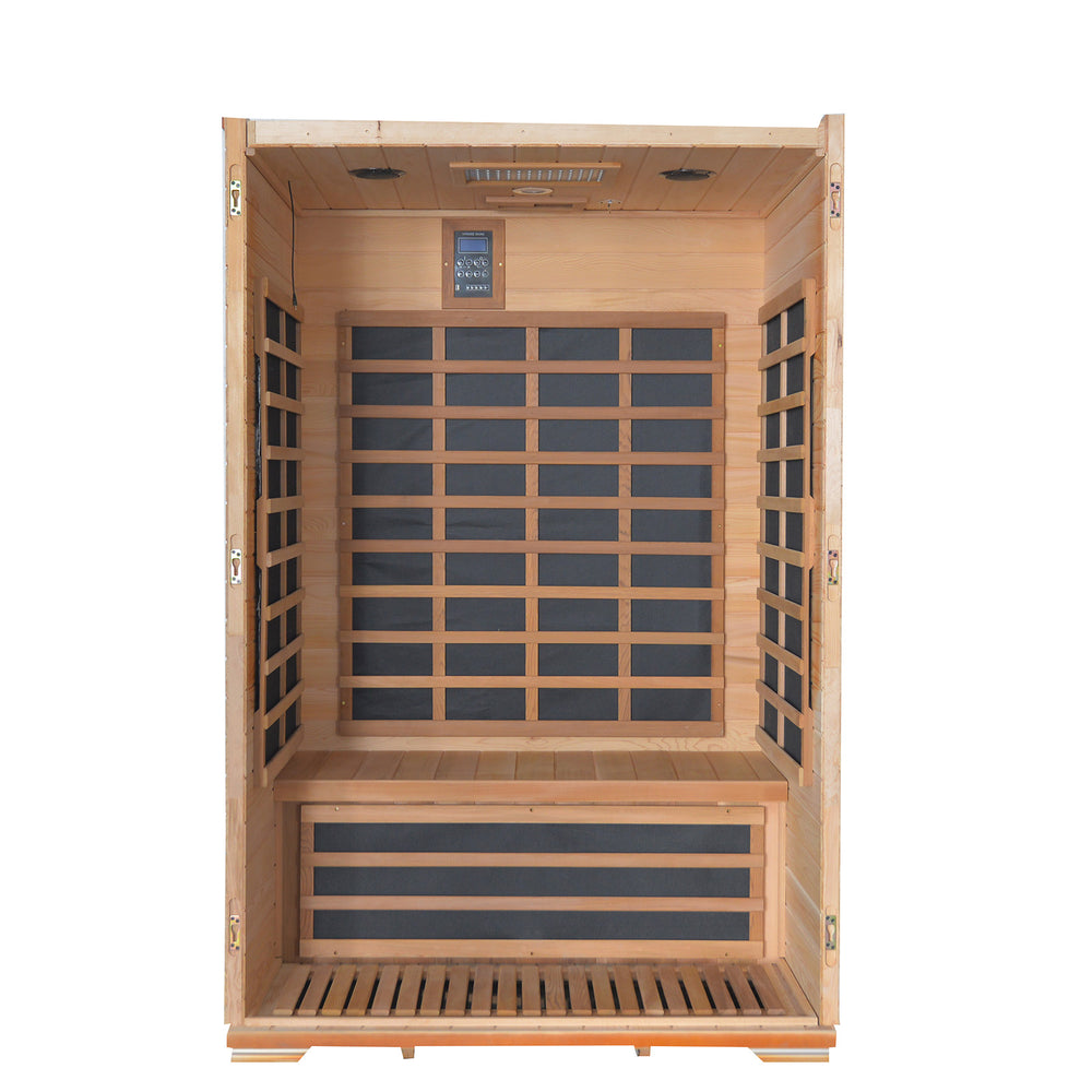 Wooden infrared sauna with glass panels on a white background