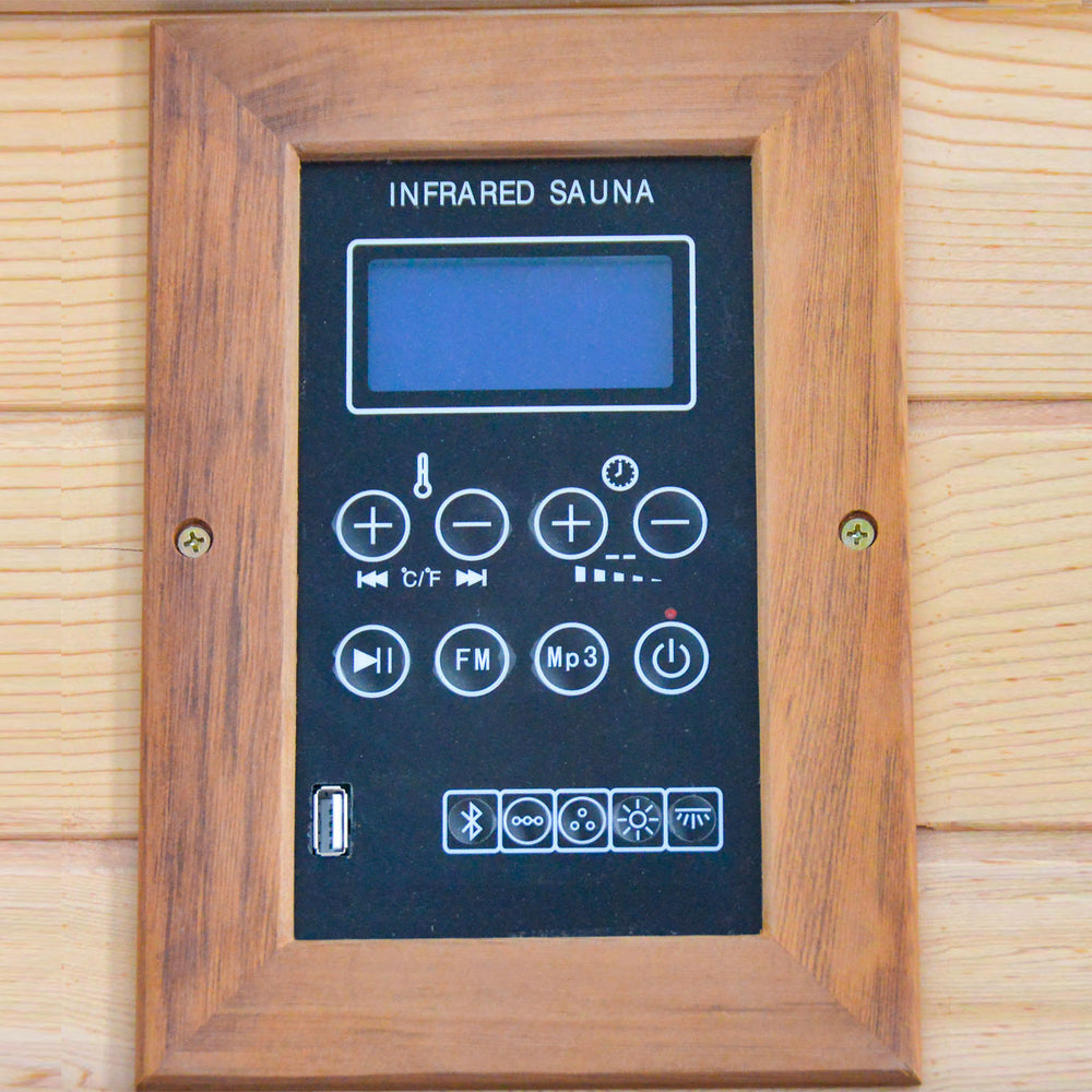 Infrared sauna control panel with wooden frame