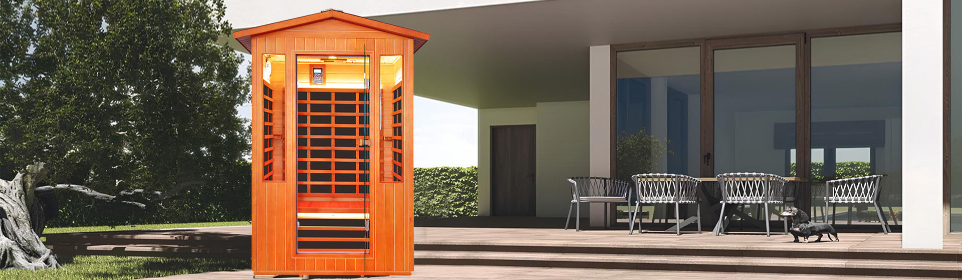 Wooden infrared outdoor sauna with modern building in the background