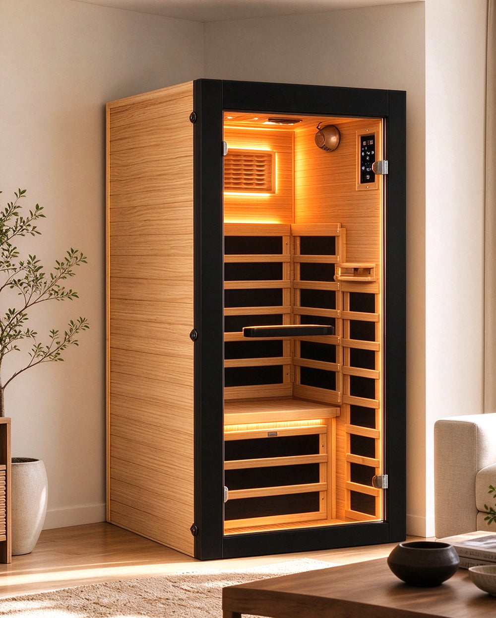 One-person wooden indoor sauna with a black-framed glass front and warm interior lighting.