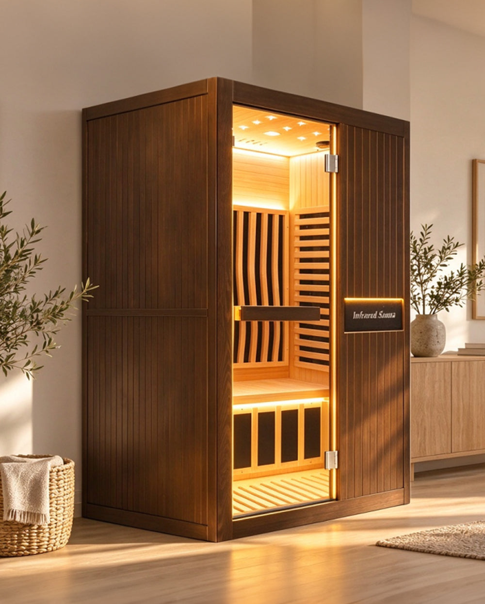 Two-person indoor sauna with dark wood panels, a glass door, and warm interior lighting.