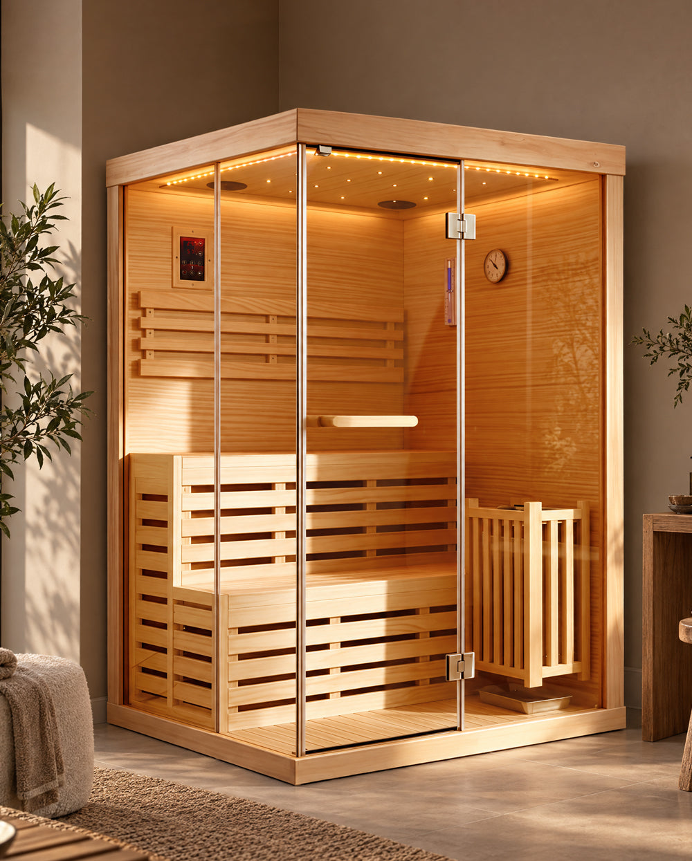 Three-person wooden indoor sauna with floor-to-ceiling glass panels and built-in bench seating.