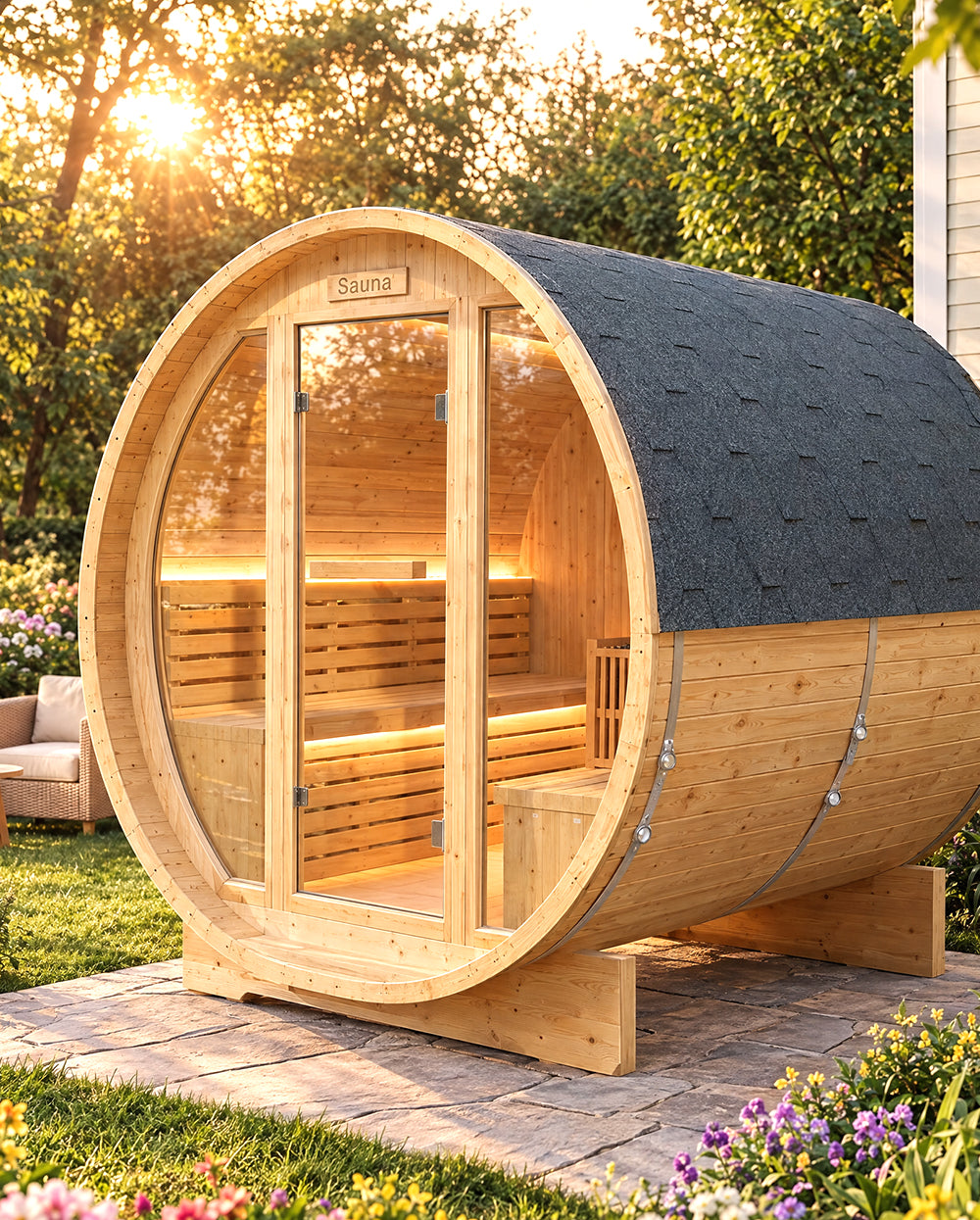 Four-person outdoor barrel sauna with glass doors, a dark curved roof, and a landscaped garden setting.